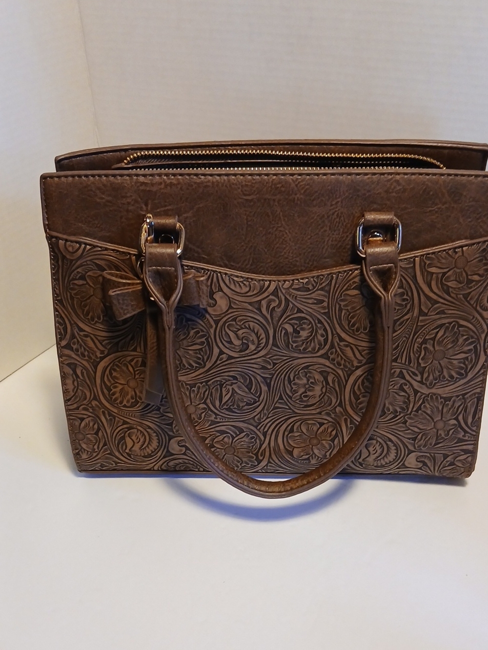 Textured Floral Embossed Brown Satchel Handbag